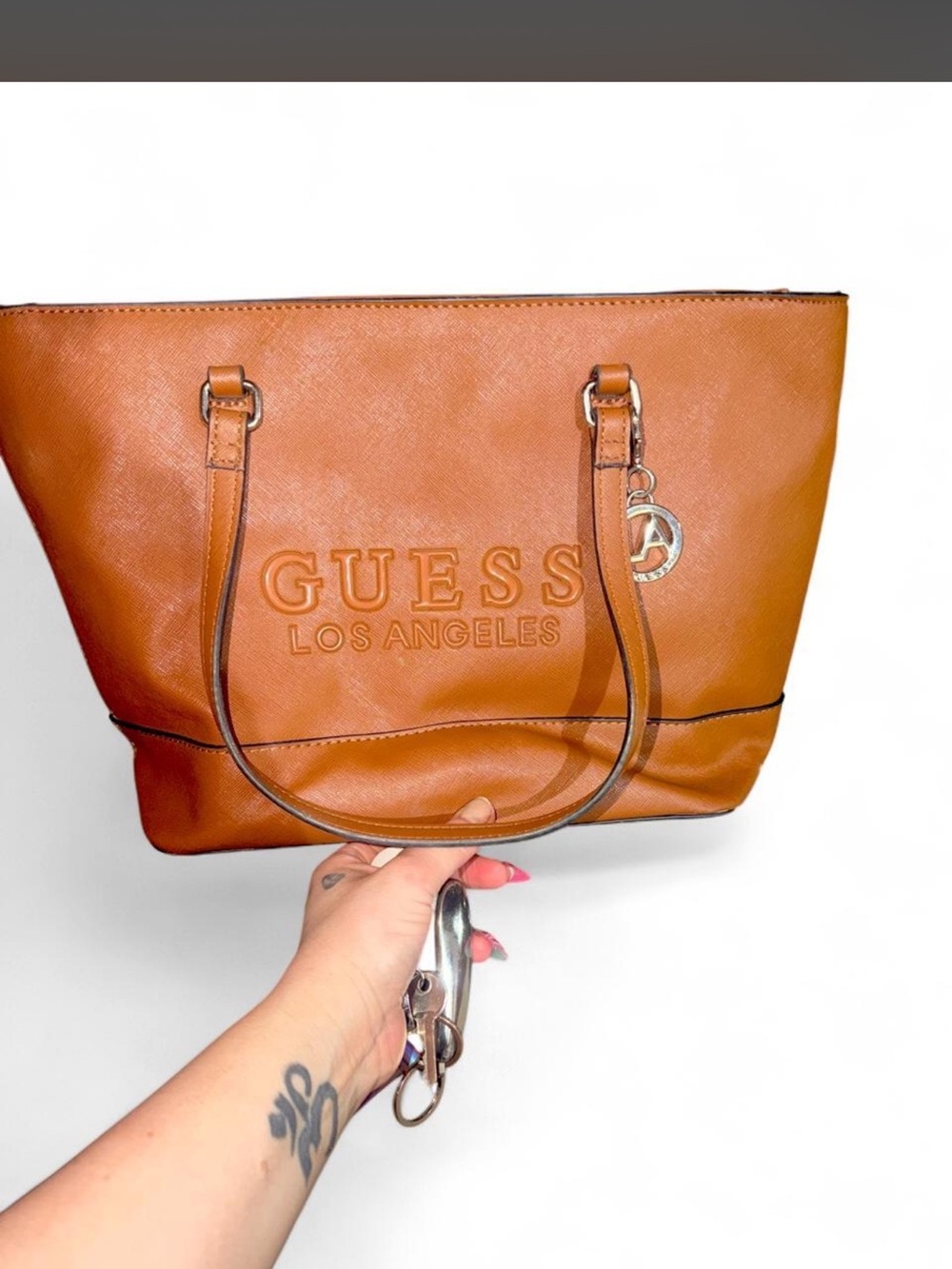 GUESS Los Angeles Tan Brown Tote with Logo Charm